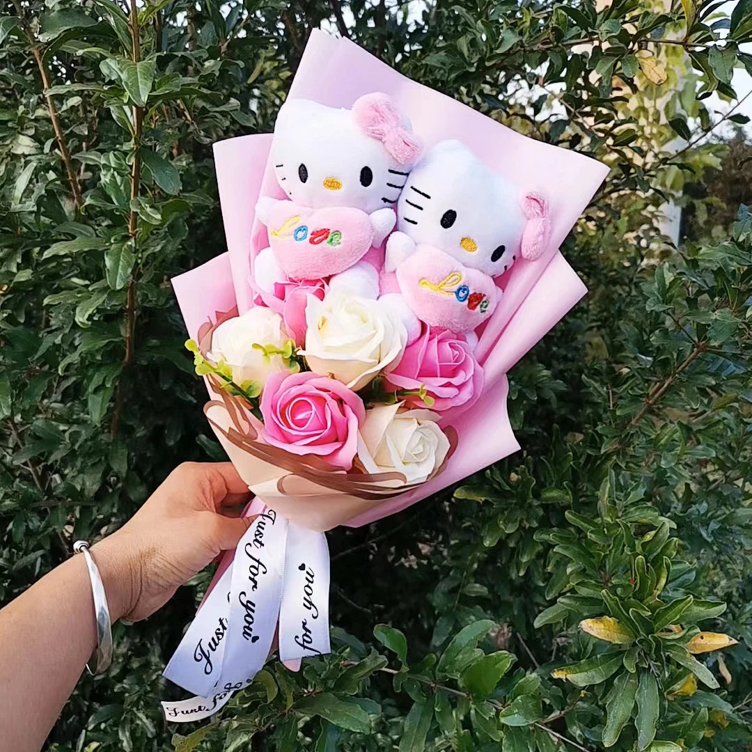 Sanrioed Hello Kitty Anime Bouquet Plush Stuffed Doll Kawaii Soap Flower Rose Flower Cartoon Valentine's Day Christmas Gifts – Image 2