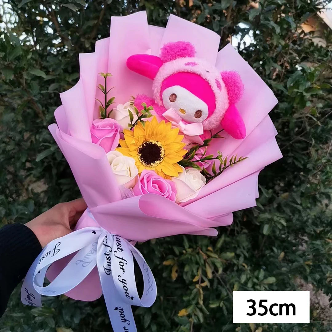 My Melody Graduation Flower Bouquet with Soap Rose Flower, Birthday Sunflower, Anime Plush Doll Toy, Valentine's Day Gifts – Image 6