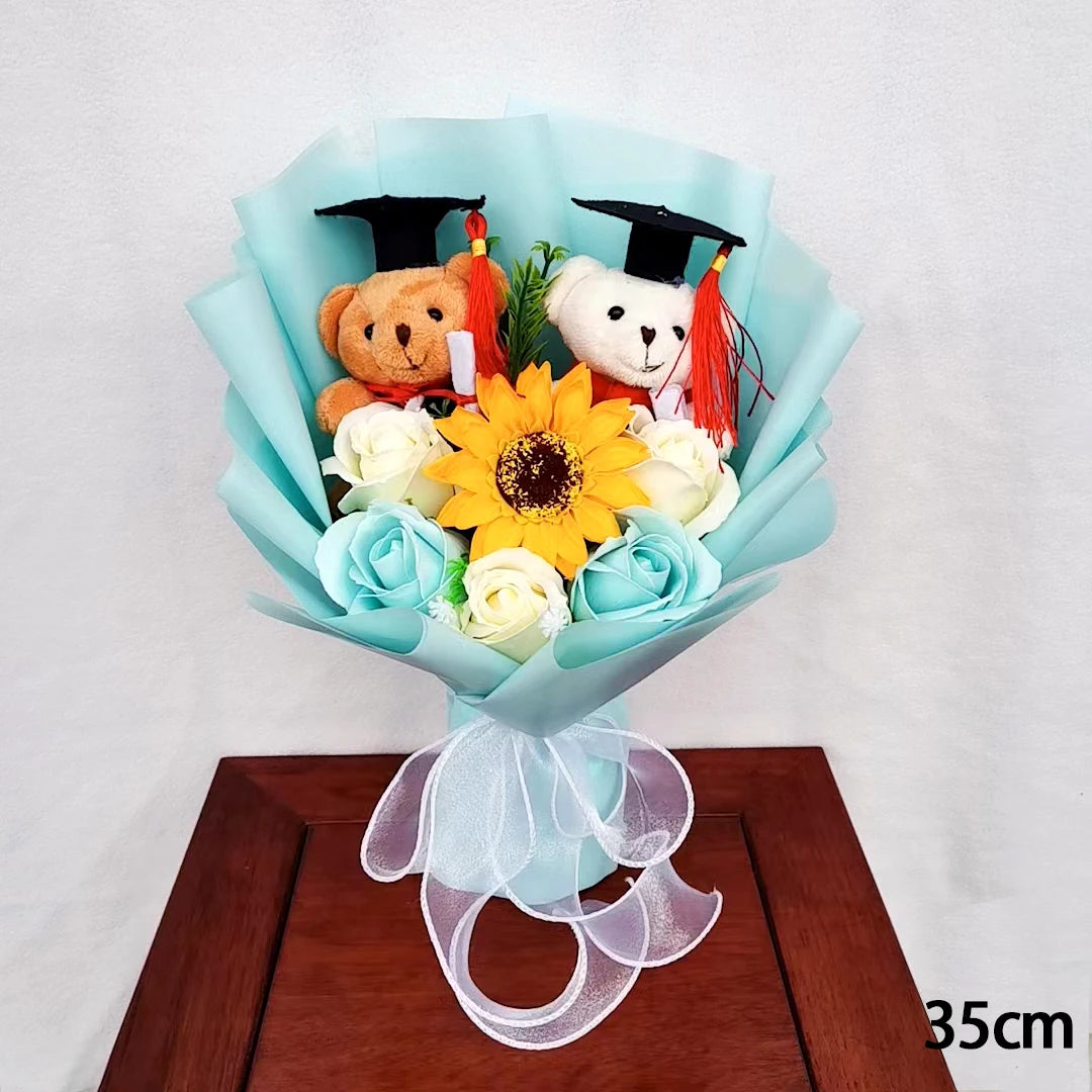 Teddy Bear Plush Graduation Flower Bouquet With Soap Rose Flower Birthday Sunflower Stuffed Animals Valentine's Day Gifts – Image 2