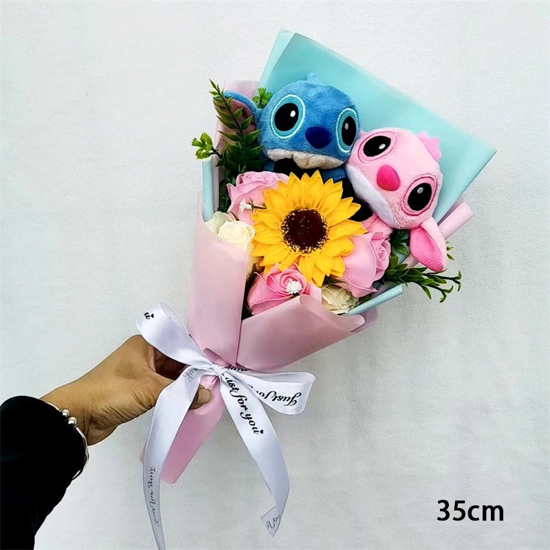 Hot Lilo & Stitch With Soap Rose Flower Bouquet Anime Stuffed Animals Plush Doll Toys Home Decoration Valentine Graduation Gift – Image 3