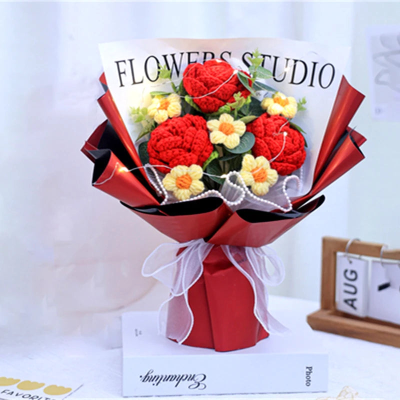 Knitted Rose Flowers Crochet Bouquet Creative Cotton Rope Roses Birthday Handmade Mother Teacher's Day Valentine Christmas Gifts – Image 3