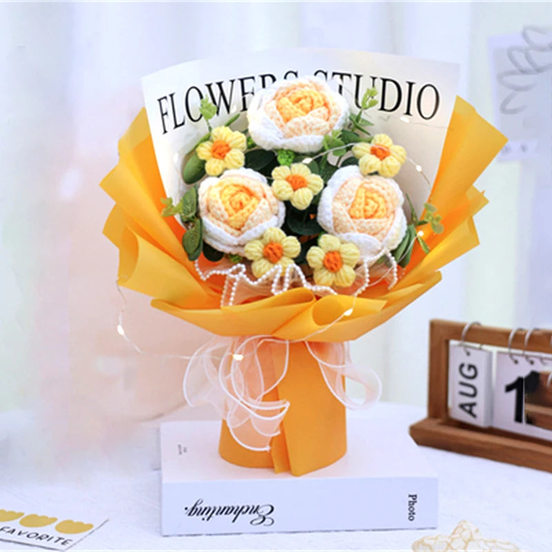 Knitted Rose Flowers Crochet Bouquet Creative Cotton Rope Roses Birthday Handmade Mother Teacher's Day Valentine Christmas Gifts – Image 8