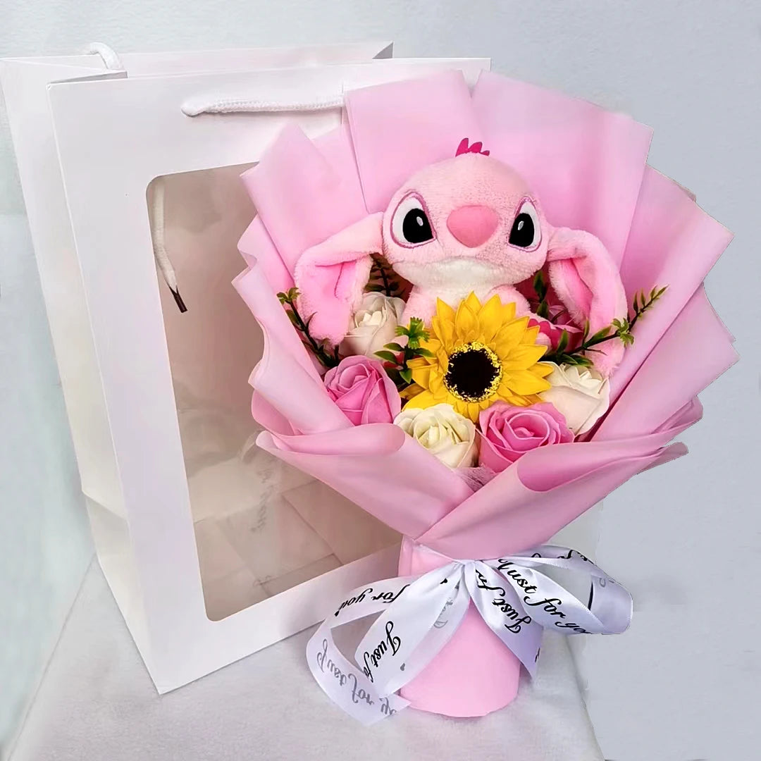 Peluche Lilo Stitch avec bouquet de fleurs Rose Savon – Image 3