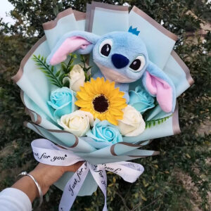 Peluche Lilo Stitch avec bouquet de fleurs Rose Savon