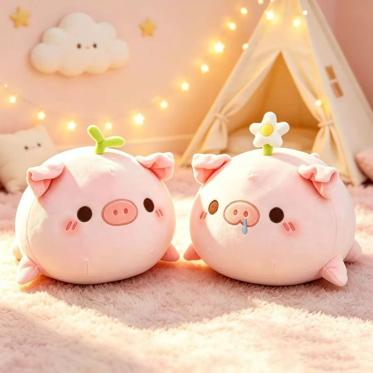 Adorable peluche cochon allongé avec motif floral. – Image 2