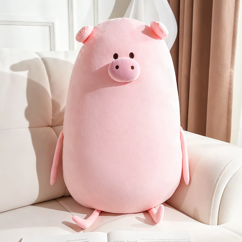 Coussin-câlin ovale en forme de cochon, rose uni et ultra-doux (70 cm).