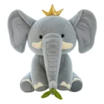 Adorable peluche éléphant gris de 23 cm avec couronne.