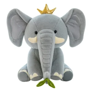 Adorable peluche éléphant gris de 23 cm avec couronne.