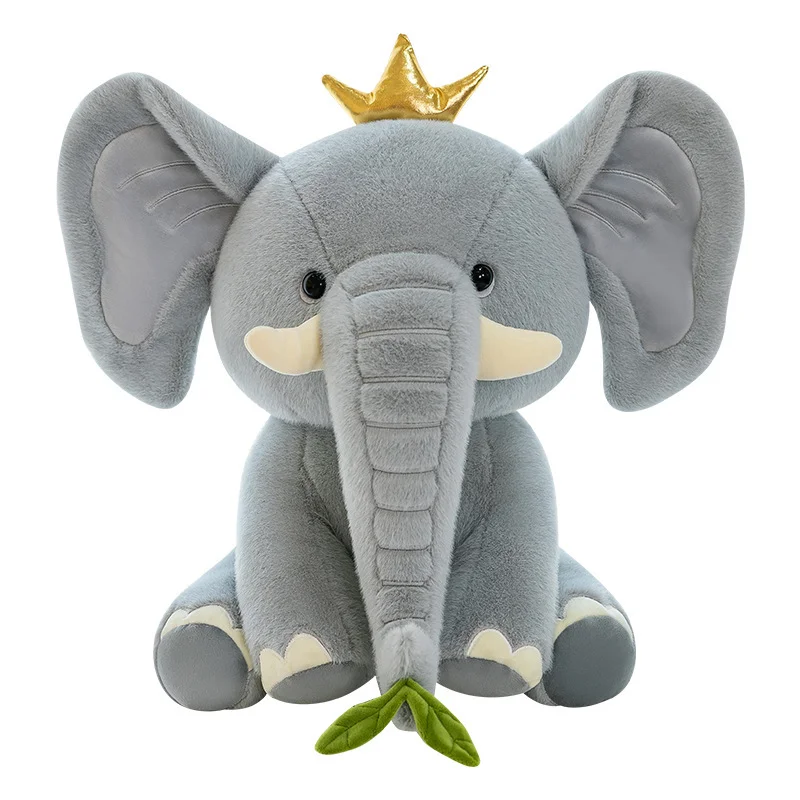 Adorable peluche éléphant gris de 23 cm avec couronne.