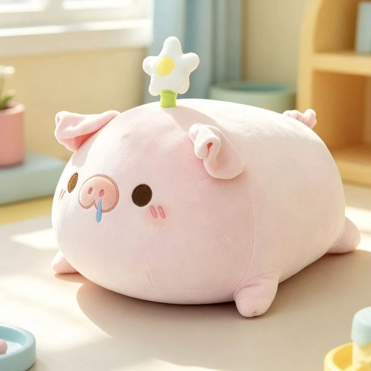 Adorable peluche cochon allongé avec motif floral. – Image 6